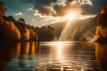 Amber sunlight beams through the clouds in the sky, creating a beautiful natural landscape with a...