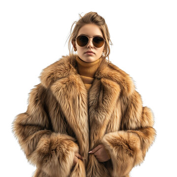 Front view mid body shot of an extremely beautiful female Caucasian model wearing a sable  fur coat with sunglasses on a white transparent background