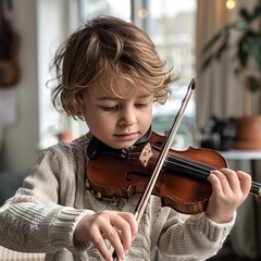 Child in music room playing violin with family support, fostering concentration for cultural...