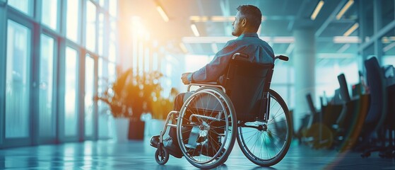 Disabled scientist presents groundbreaking research on innovative wheelchair to engaged peers in conference room. - obrazy, fototapety, plakaty