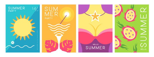 Set of colorful summer posters with summer attributes. Cocktail silhouette, flamingo, girl in swimsuit and dolphin silhouette. Vector illustration