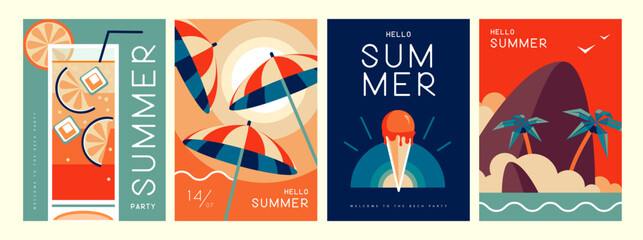 Set of retro summer posters with summer attributes. Cocktail silhouette, tequila sunrise, beach umbrella, ice cream and tropic island. Vector illustration © annbozhko