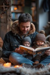 Gay dads read a nighttime tale to their kids, a warm, snug family scene.