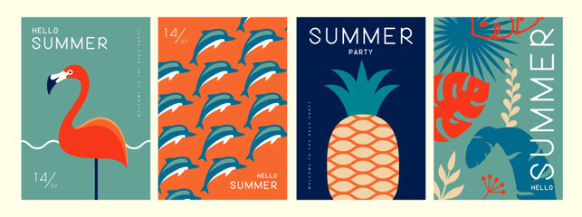 Set of retro summer posters with summer attributes. Flamingo silhouette, dolphins, pineapple, tropic leaves background. Vector illustration © annbozhko