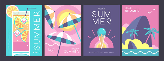 Set of retro summer posters with summer attributes. Cocktail silhouette, tequila sunrise, beach umbrella, ice cream and tropic island. Vector illustration