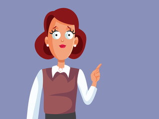 Business Woman Pointing with her Finger Vector Cartoon Character. Office worker showing with forefinger and making a presentation 
