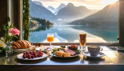 Fotobehang breakfast served on a table overlooking a lake © Justolas