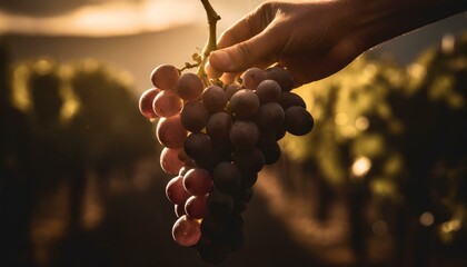 bunch of grapes held by a person in a vineyard at sunset - obrazy, fototapety, plakaty