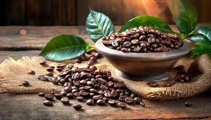 Foto auf Acrylglas coffee beans on a wooden table © Justolas