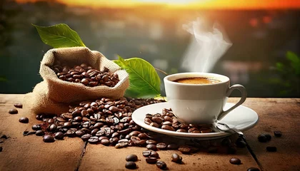 Photo sur Plexiglas Café cup and coffee beans on a table