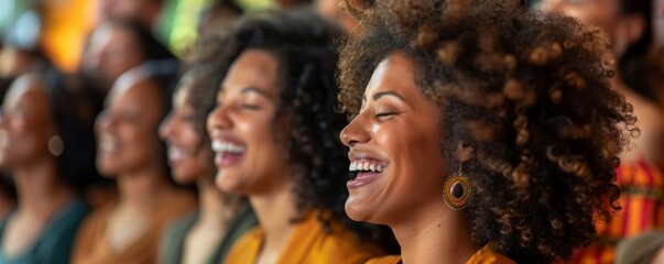A diverse choir harmoniously unites through music, blending different ages and ethnicities.