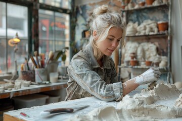 Non-binary artist sculpting in a bright studio, surrounded by clay and tools, letting creativity flow. - obrazy, fototapety, plakaty