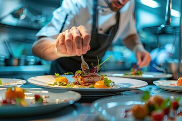 A chef plating a gourmet dish in a high-end restaurant kitchen - obrazy, fototapety, plakaty