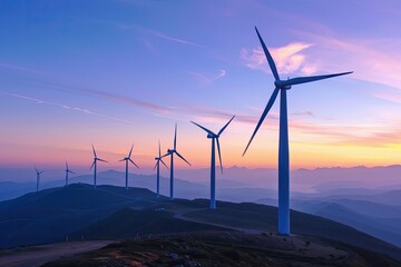 Fototapeta premium A wind farm at dusk turbines spinning in the wind