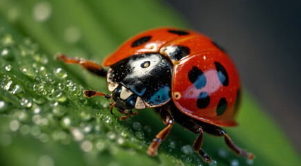 photo spotted ladybug crawls on fresh green leaf generated by ai