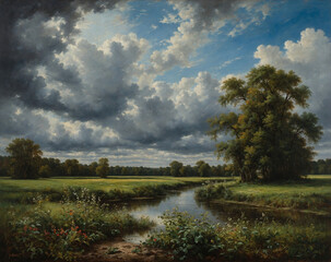 photo green field tree and blue skygreat as a backgroundweb banner generative ai