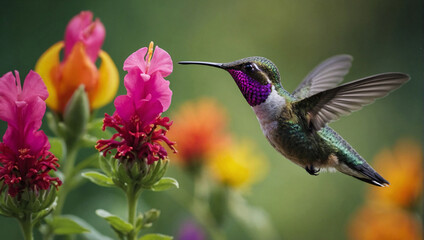 Photo hummingbird at flight with colorful iridescent plumage and blurred generative ai