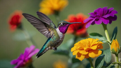 Photo hummingbird at flight with colorful iridescent plumage and blurred generative ai