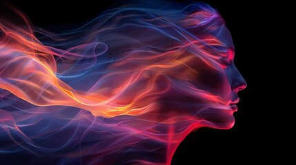 Girl's face transitioning into Smoke movement, red and blue smoke on black background, colored smoke on black background - obrazy, fototapety, plakaty