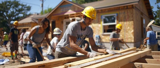 Volunteers are building a house for a homeless family at the construction site, engaging in meaningful work.