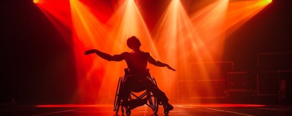 Wheelchair dancer performing in a modern dance piece, powerful, stage lights, captivating