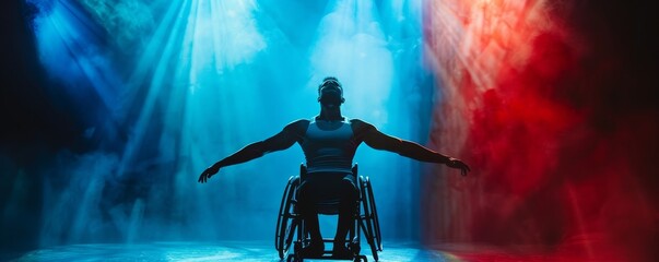 A powerful wheelchair dancer captivates under stage lights in a modern dance performance.
