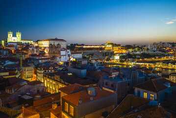 night scene of Porto with Porto Cathedral and luis I bridge in portugal - 754694566