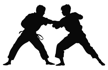 Two young boys doing karate silhouette, Two karate young boys fighters in a match,  
