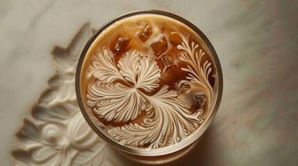 Iced Cold Brew Coffee Latte Art - Intricate Designs of Cream and Milk On Swirling Artistically in Caffeine Beverage