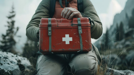 A hiker sitting with a prominent red first aid kit on their lap, symbolizing preparedness in nature