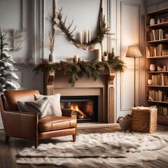  Cozy living room winter interior with fireplace