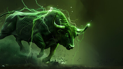 Bull with the lightning bolt on it. Bullish market showing Bull domination and market rising in stock market, crypto, and forex trading - obrazy, fototapety, plakaty