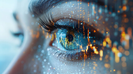 financial chart human eye futuristic background, uptrend line candlestick graph, stock market background
