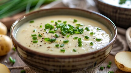 A bowl of creamy potato leek soup, silky in texture and garnished with fresh chives