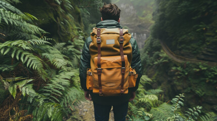 A solitary explorer with a large brownish backpack making their way through a foggy and mysterious forest path