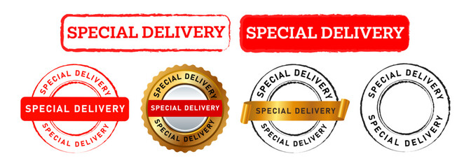 Special delivery package mail rectangle circle green and red color stamp label sticker sign