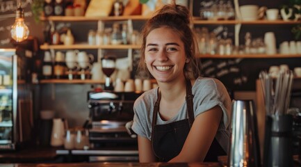 Beautiful female barista and smiles while working behind the bar counter in a cafe.