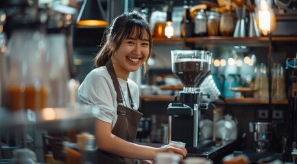 Beautiful female barista and smiles while working behind the bar counter in a cafe.