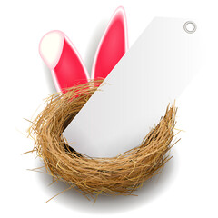 Straw nest with white tag, bunny ears, isolated design element.