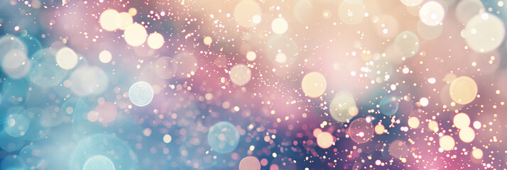 Obraz na płótnie Canvas Abstract blurred background with white bokeh lights and sparkling glitter in pastel colors. Abstract background with colorful defocused light, stars, sparkles, and particles. blue unicorn banner