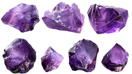 Amethyst Collection: Vibrant Purple Gemstones in Stunning 3D Digital Art, Isolated on Transparent Background for Luxury Designs and Decor.