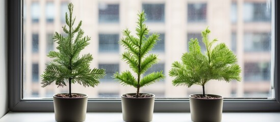 Three petite evergreen trees are neatly placed on a windowsill, adding a touch of greenery to the indoor space.