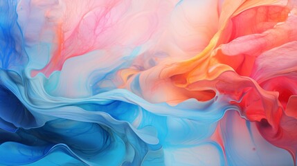 A beautiful abstract delicate multicolored background with liquid blue, yellow and red colors softly mixing with each other. Liquid watercolor, Acrylic. - obrazy, fototapety, plakaty