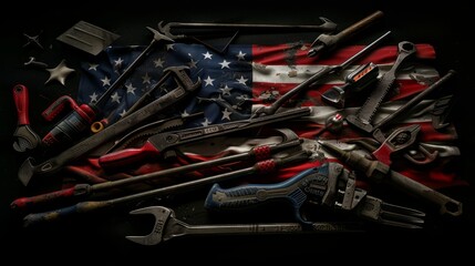 International Workers' Day background with copy space area on side for text. Construction and manufacturing tools. Background for business