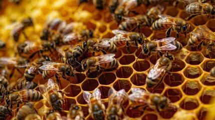 a swarm of bees hard at work on the honeycomb, background