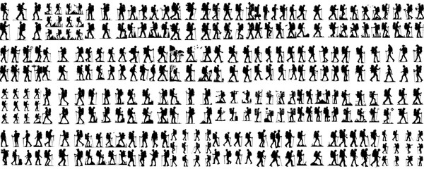 Vector set of people hiking in silhouette style - obrazy, fototapety, plakaty