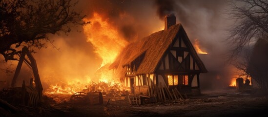A house with a thatched roof is on fire, emitting thick smoke into the sky. The flames are raging, engulfing the structure in orange and red hues.