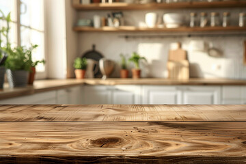 Wood table top with blurred kitchen behind 