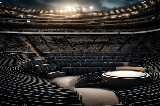 In the middle of a stadium sits a podium, encircled by empty seats and flashes of light