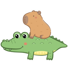 Capybara sitting on crocodile back 